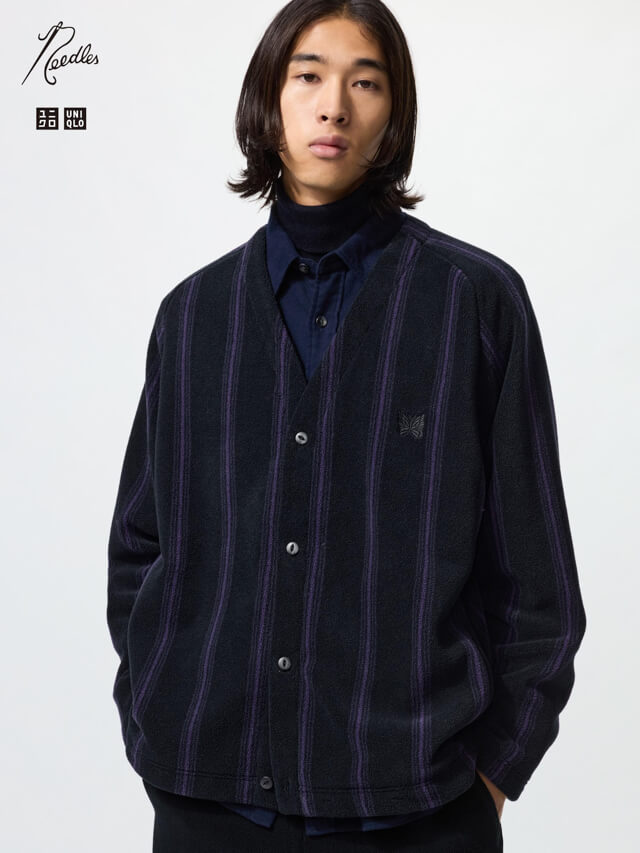 UNIQLO x NEEDLES（ユニクロ×ニードルズ） フリースオーバーサイズカーディガン ブラック×パープル